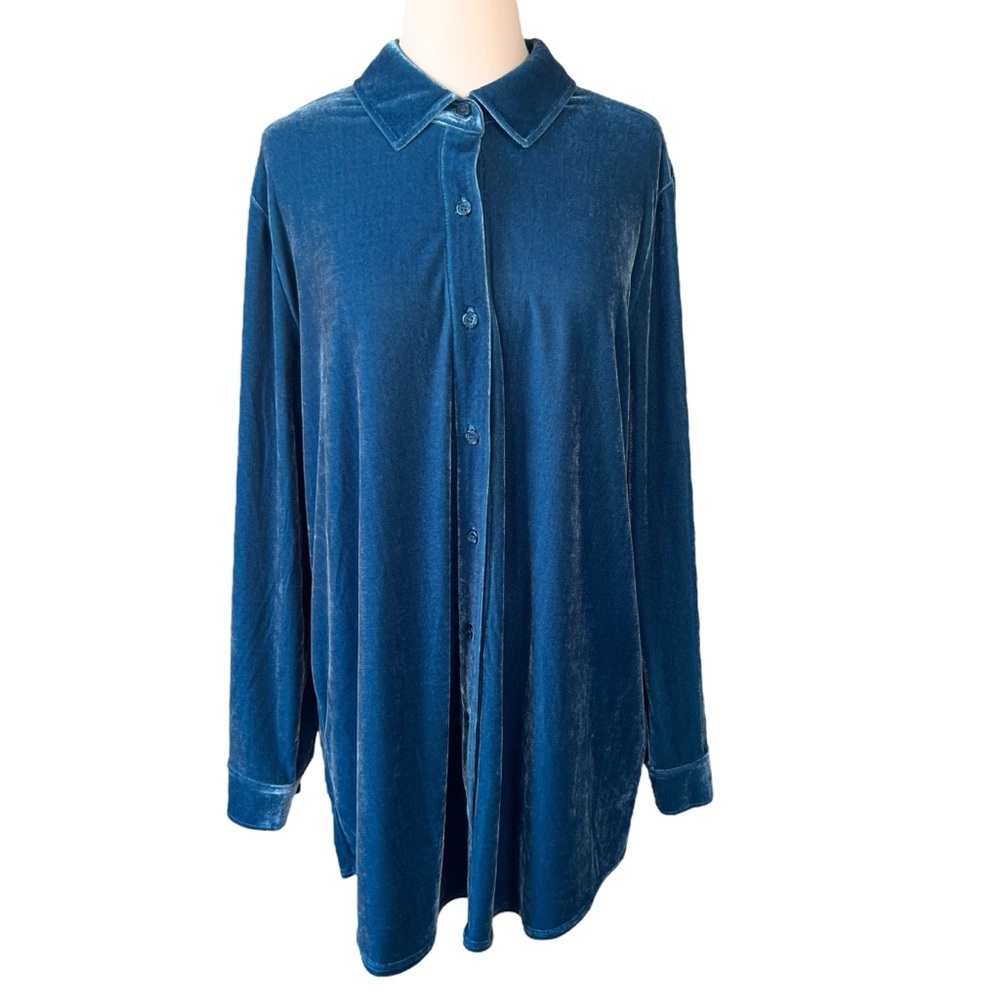 Soft Surroundings Teal Atlantic Velvet Boyfriend Tunic Shirt